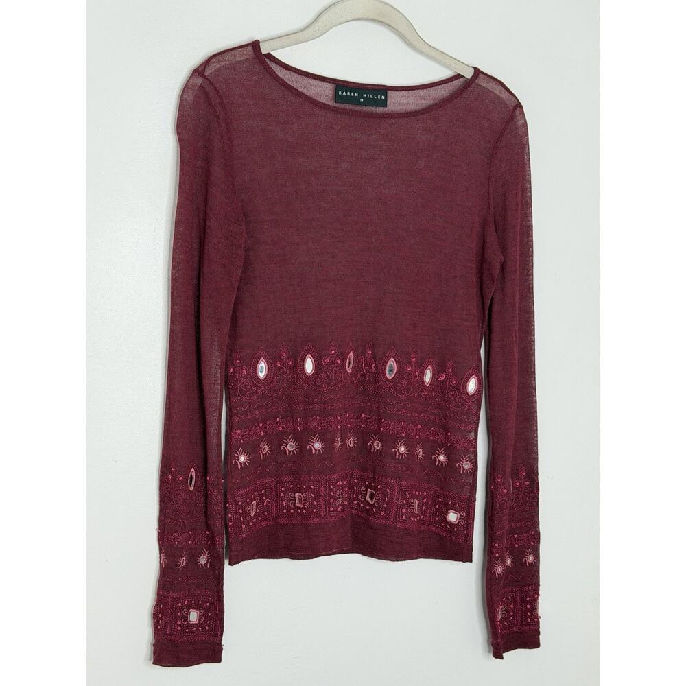 Karen Millen Women's Maroon Embroidered Mesh Sheer Boho Blouse Size 10 - Picture 2 of 10